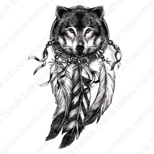Black and gray dream catcher temporary tattoo design with the face of a wolf inside the circle.