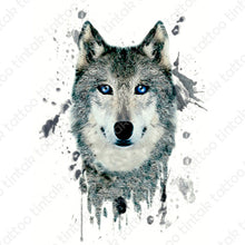 Load image into Gallery viewer, Wolf temporary tattoo sticker design with watercolor edges.