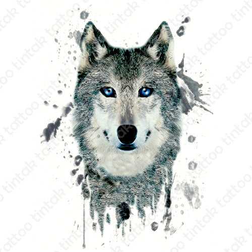 Wolf temporary tattoo sticker design with watercolor edges.
