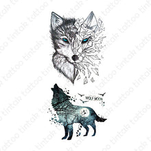 Load image into Gallery viewer, Two wolf moon temporary tattoo design with broken glass effect.