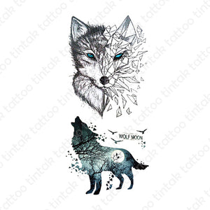 Two wolf moon temporary tattoo design with broken glass effect.