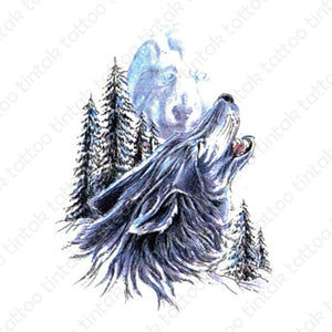 Howling wolf temporary tattoo sticker in black and blue color design.