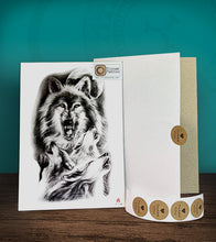 Load image into Gallery viewer, Tintak temporary tattoo sticker with wolves design, with its hard board packaging.