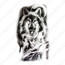 Load image into Gallery viewer, Wolves temporary tattoo design in black and gray with four wolves and a moon.