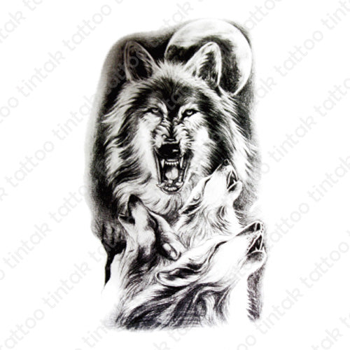 Wolves temporary tattoo design in black and gray with four wolves and a moon.